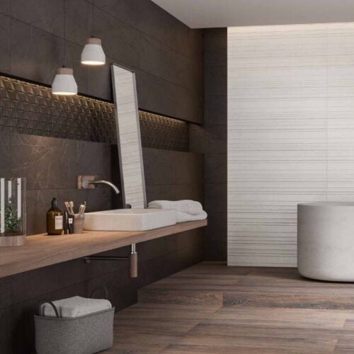 Nowoczesna łazienka z płytkami Paradyż Minimal Stone Grys