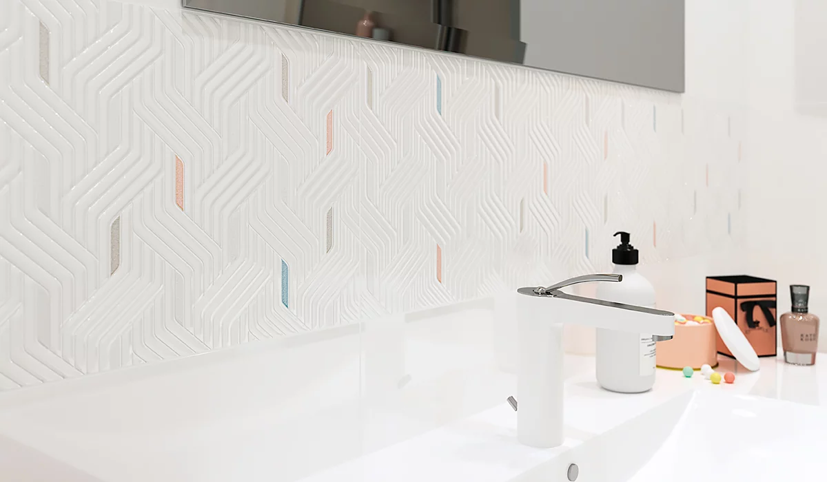 Płytka Paradyż Synergy Bianco Colour Mix Inserto 30x60 na ścianie.